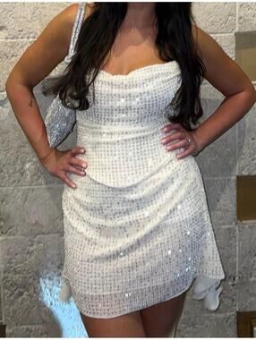 Oh Polly Cream Sequin Strapless Two-Piece Set, Size UK 10, US 6